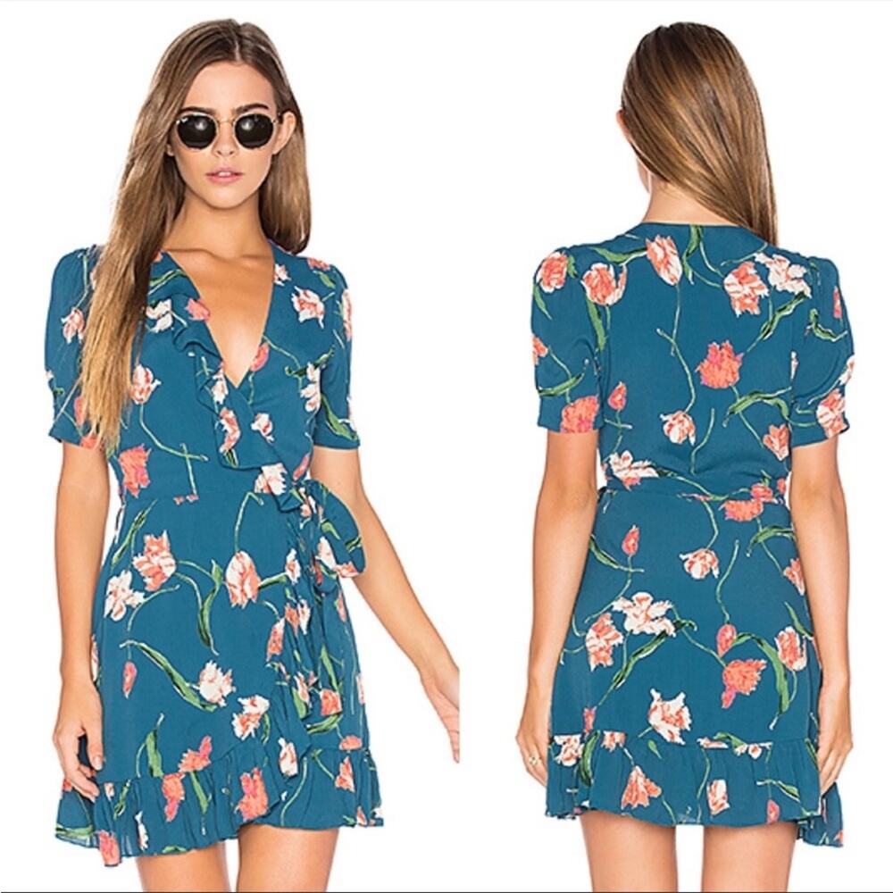 Privacy please revolve floral faux wrap dress blue sz XS